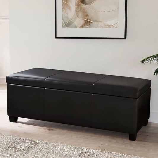 Modern 48 Inch Ottoman Bench Footstool Upholstered Faux Leather Decor for Living Room, Entryway, or Bedroom with Storage & Safety-Hinge Lid - Amherst (Black)
